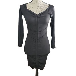 Pretty Little Thing Women's Size 10 Black Ribbed Long Sleeve Ruched Bodycon Dres